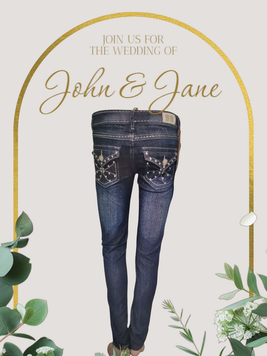 Blue jeans with decorative stitching on a wedding invitation john & jane text