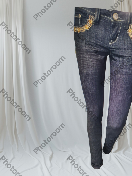 BLUE JEANS WITH GOLD EMBROIDERY ON A WHITE BACKGROUN
