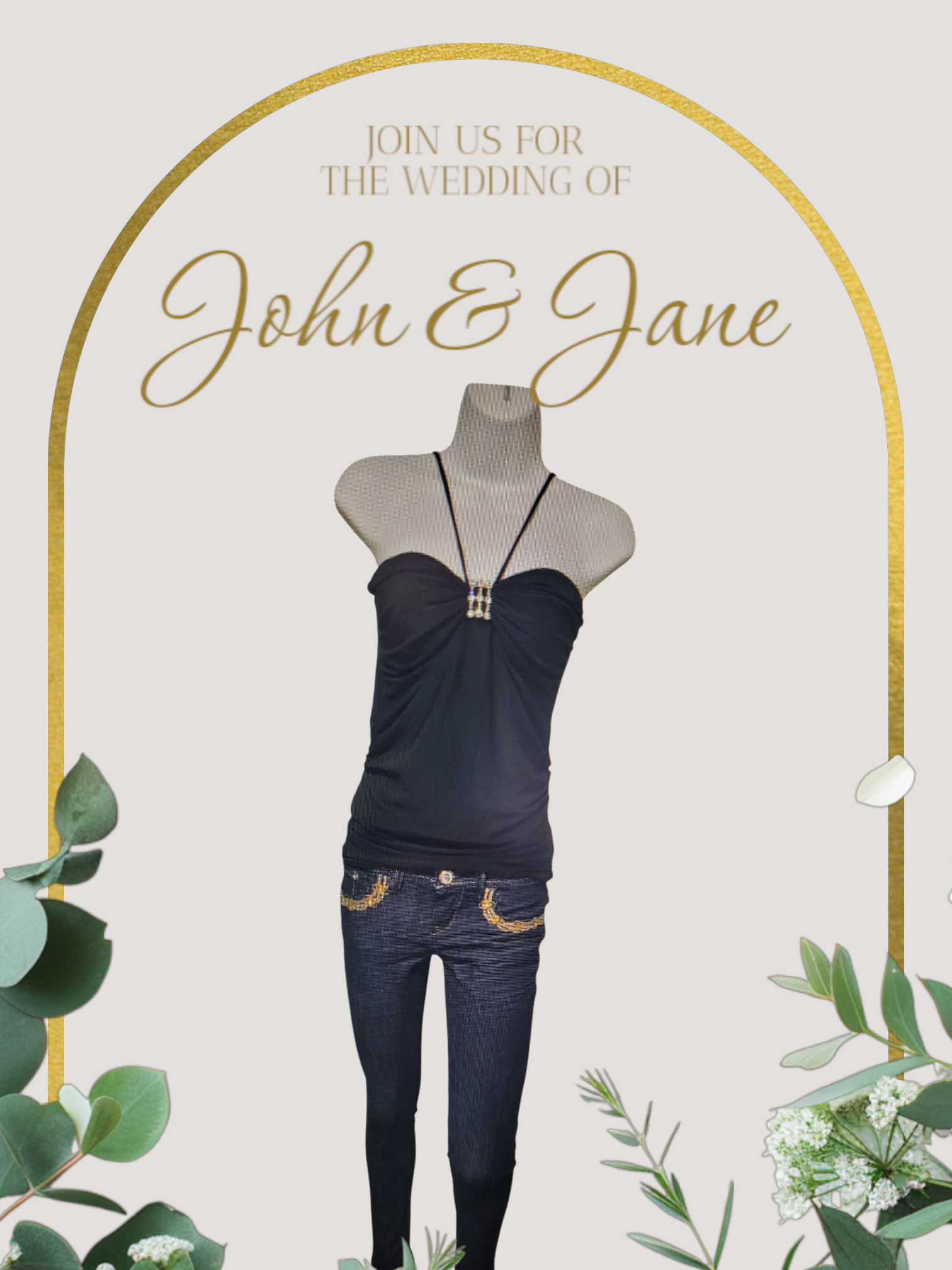 Wedding invitation with a mannequin wearing a black top and jeans