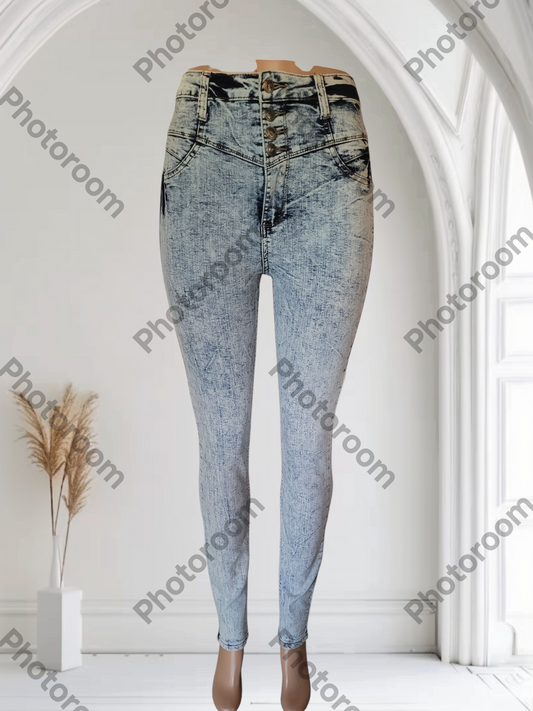 Light blue jeans on a mannequin against a white background