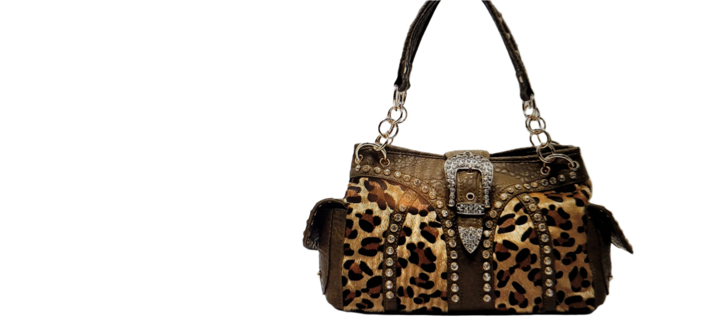 LE0PARD FAUX CALF HAIR RHINESTON SHOULDER BAG - WESTERN STYLE