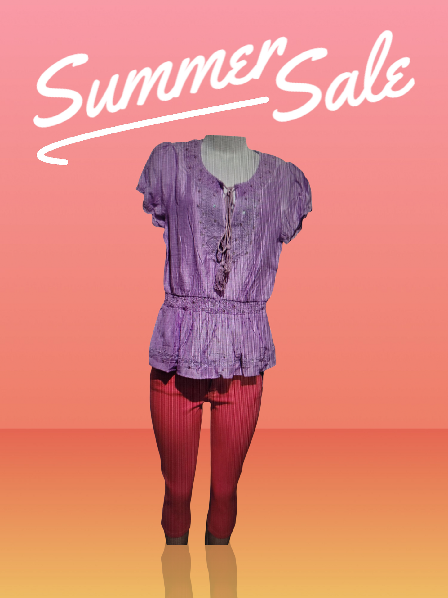 Purple top and red pant on a background with summer sale text