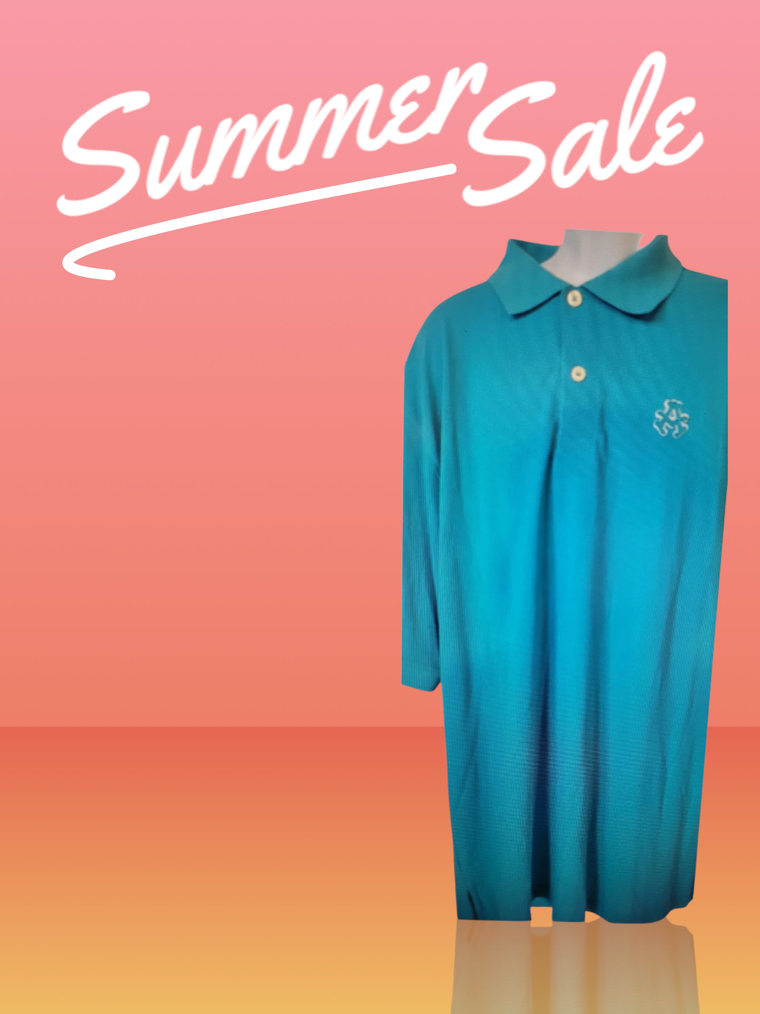 Blue pol0 shirt - Summer sale tex on a pink and orange gradient background