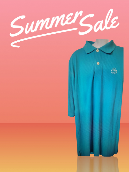 Blue pol0 shirt - Summer sale tex on a pink and orange gradient background