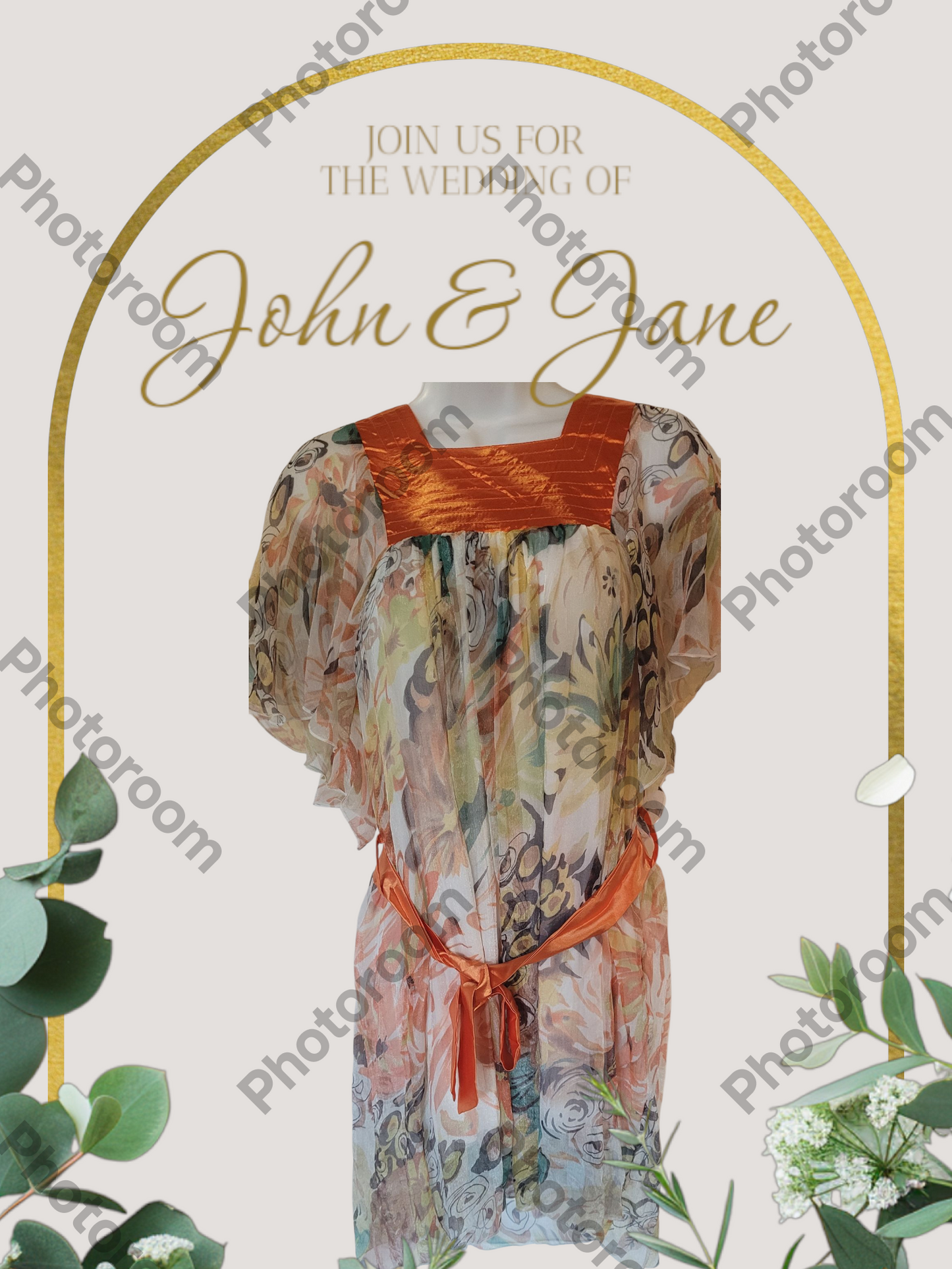 Wedding invitation card with a floral dress and decorative arch on a white background