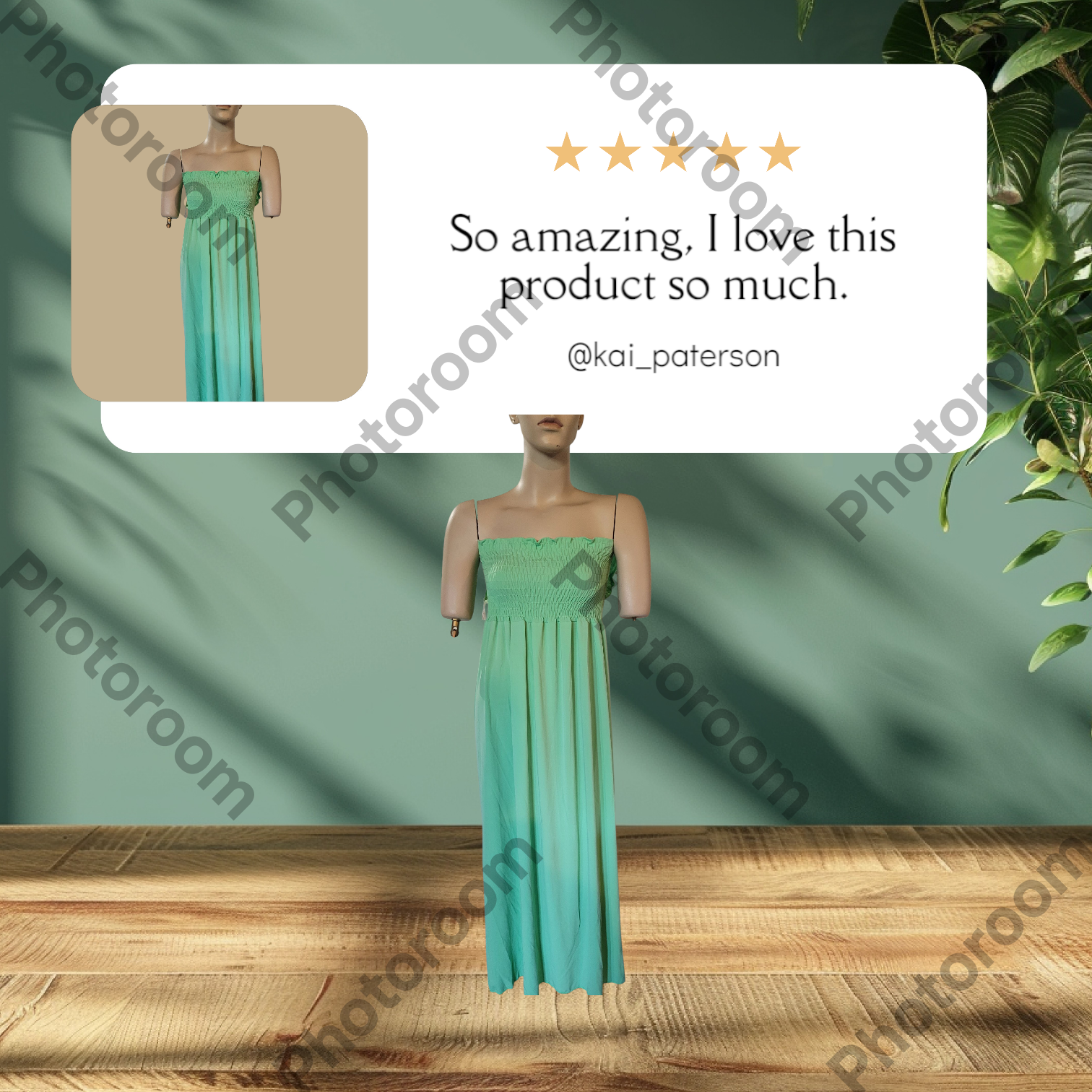 Green dress on a mannequin with a five-star rating and review text overlay, set against a green background.