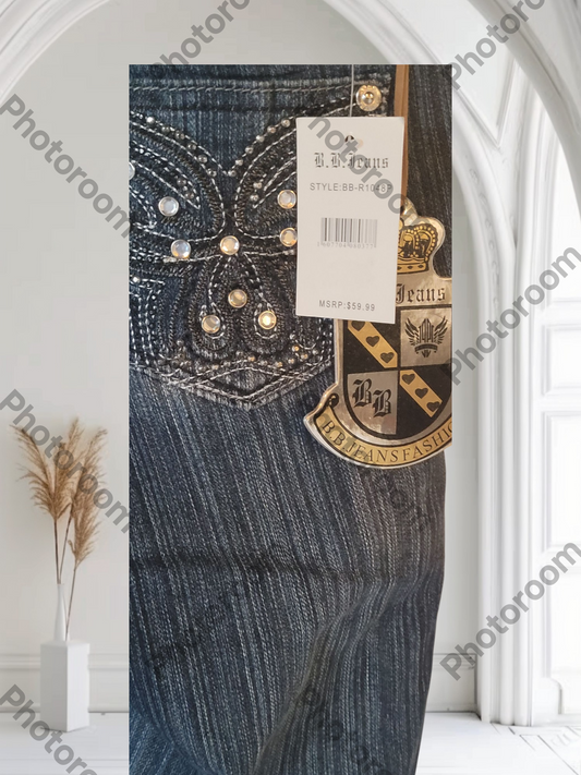 Blue jeans with decorative elements and a brand tag on a white background