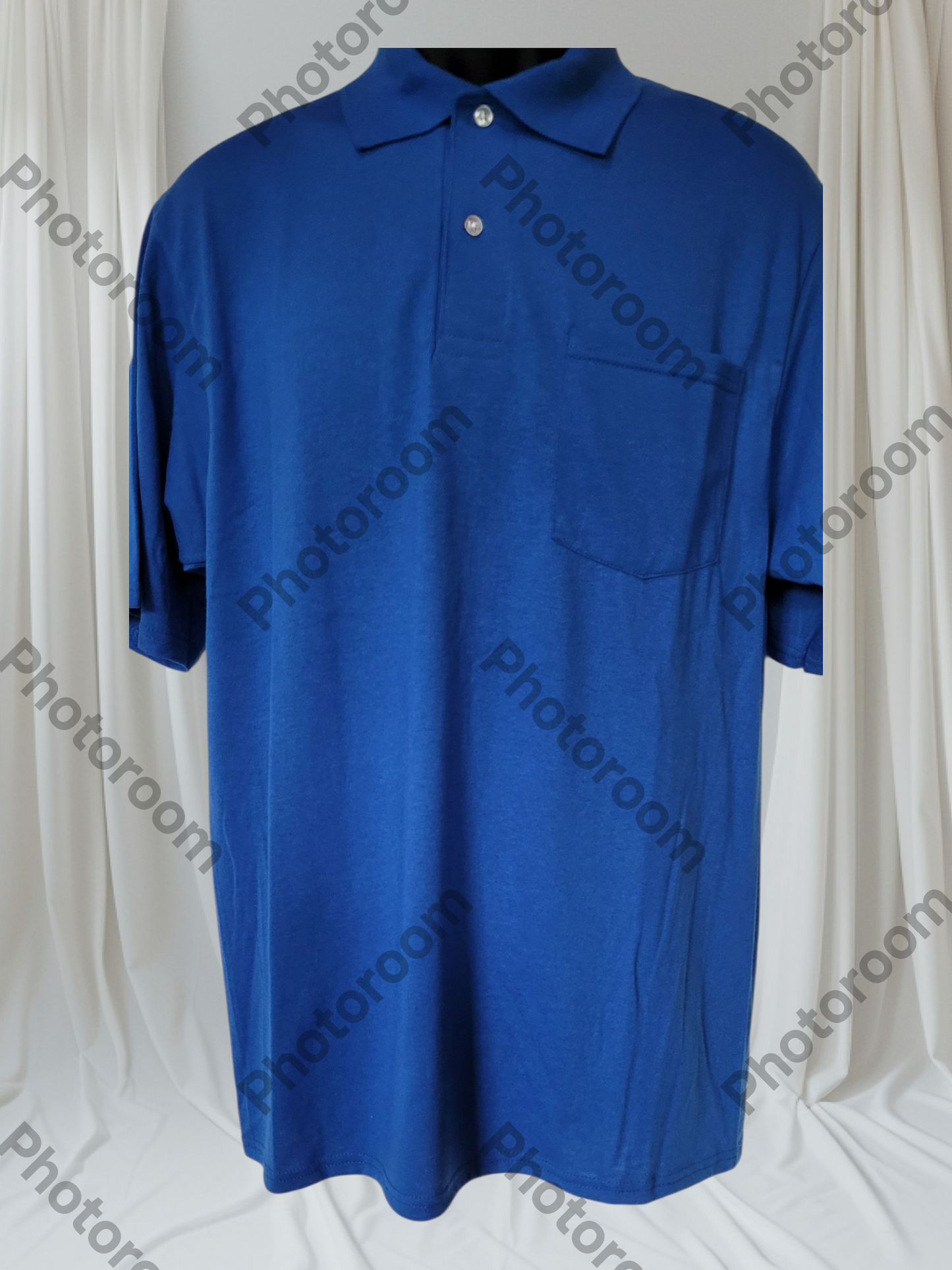 Blue polo shirt on a white background with 'Photoroom' watermark.