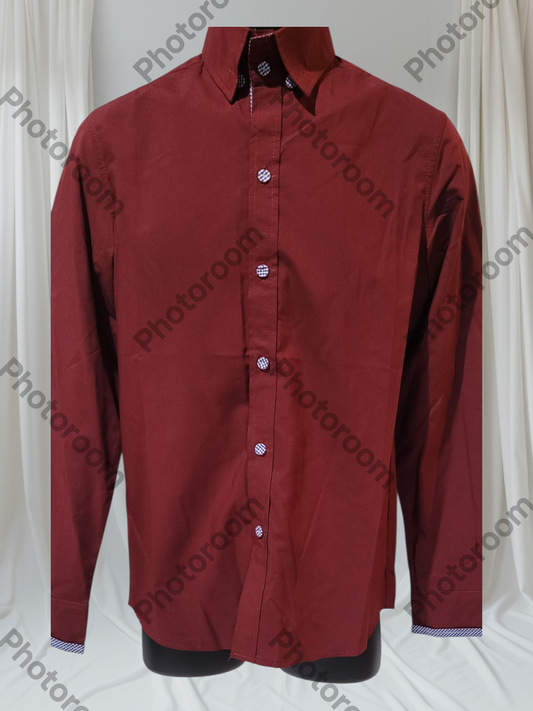 Red button-up shirt on a white background with 'Photoroom' watermark.