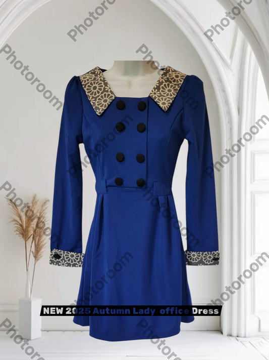 Blue dress with decorative collar and buttons on a mannequin against a white background.
