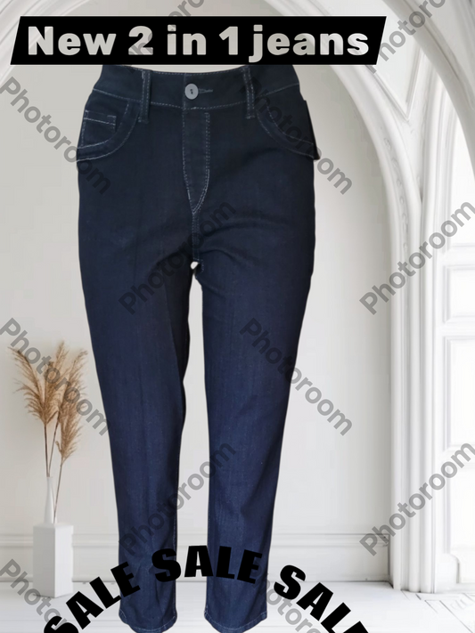 Dark blue jeans displayed against a white background with 'New 2 in 1 jeans' text and 'SALE' text overlay.