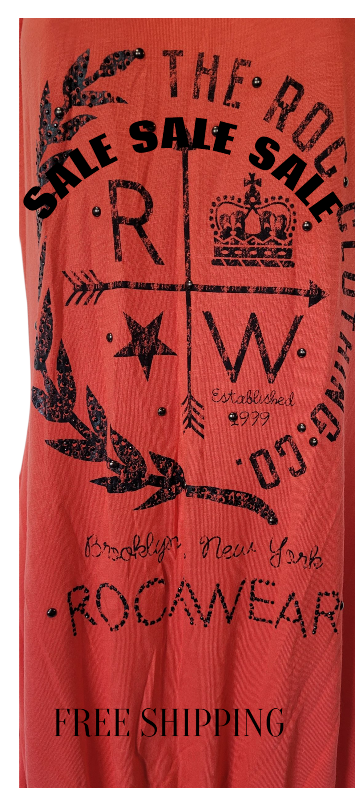 Red t-shirt with black graphics and text on a white background