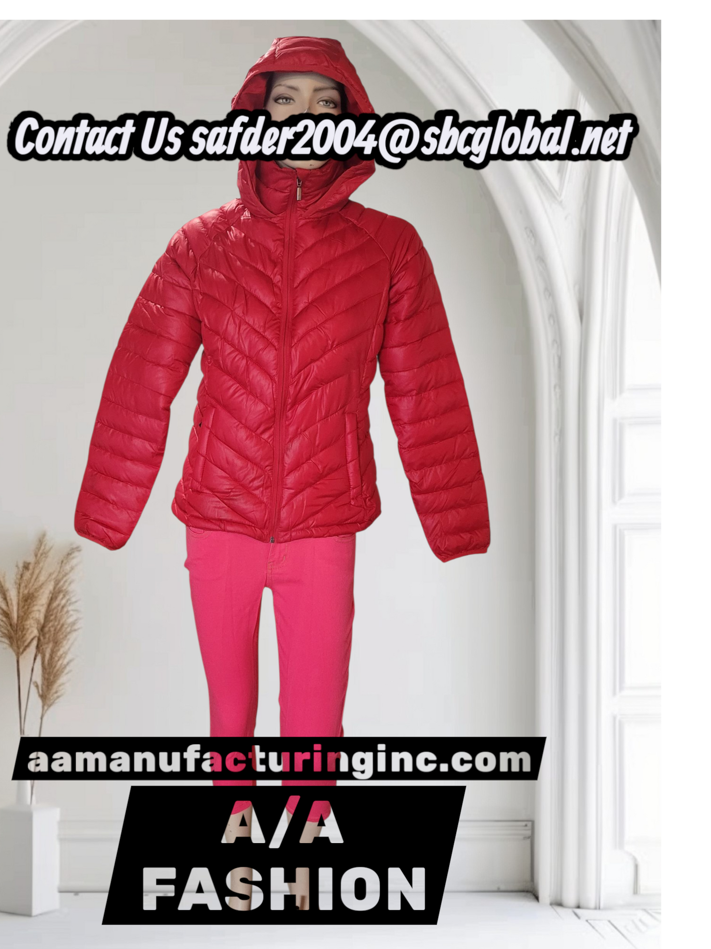 Person wearing a YMI BRAND  red puffer jacket and pink pants in a white room with 'A/A Fashion' branding.