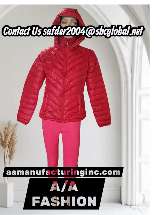 Person wearing a YMI BRAND  red puffer jacket and pink pants in a white room with 'A/A Fashion' branding.