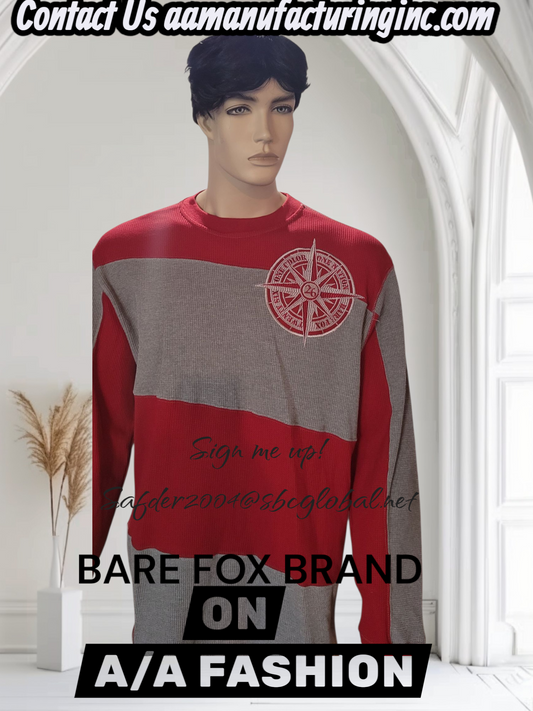 Mannequin wearing a red and gray BARE FOX BRAND sweater with Bare Fox Brand logo in a minimalistic setting.