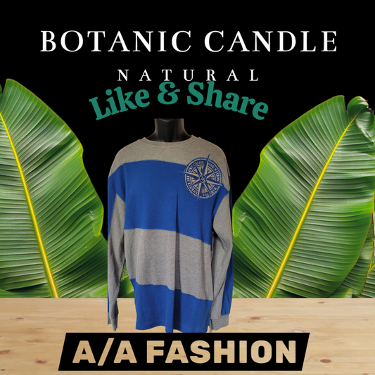 BARE FOX BRAND -Blue and gray sweater on a mannequin with green leaves and 'Botanic Candle' text in the background