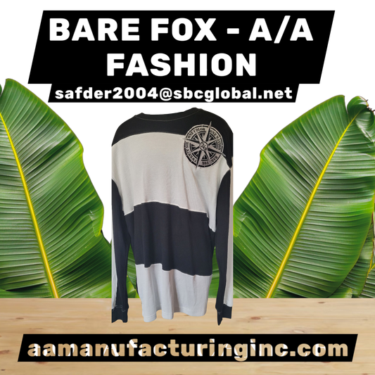 BARE FOX BRAND- Black and white long-sleeve shirt with a compass design on a wooden surface with green leaves in the background.