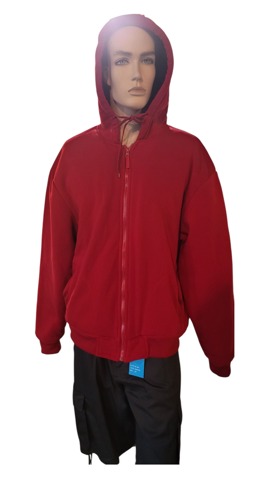 Red hoodies worn by a person on a white background