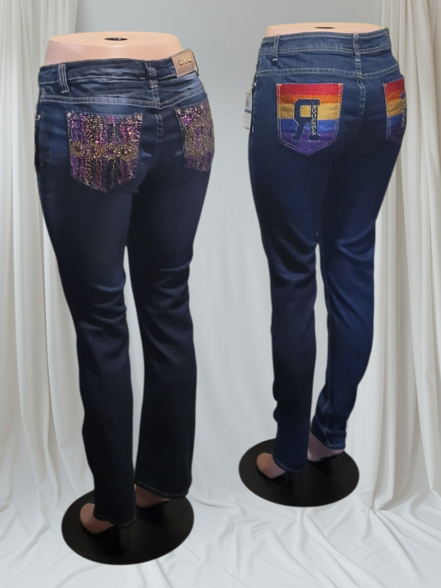ROCAWEAR Two pairs of blue jeans with decorative pockets on a white background