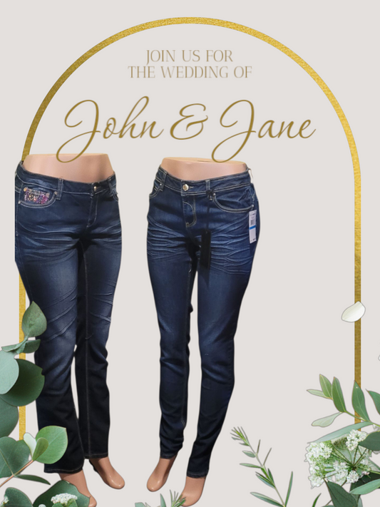 Promotional graphic for a wedding with two pairs of jeans and decorative elements.