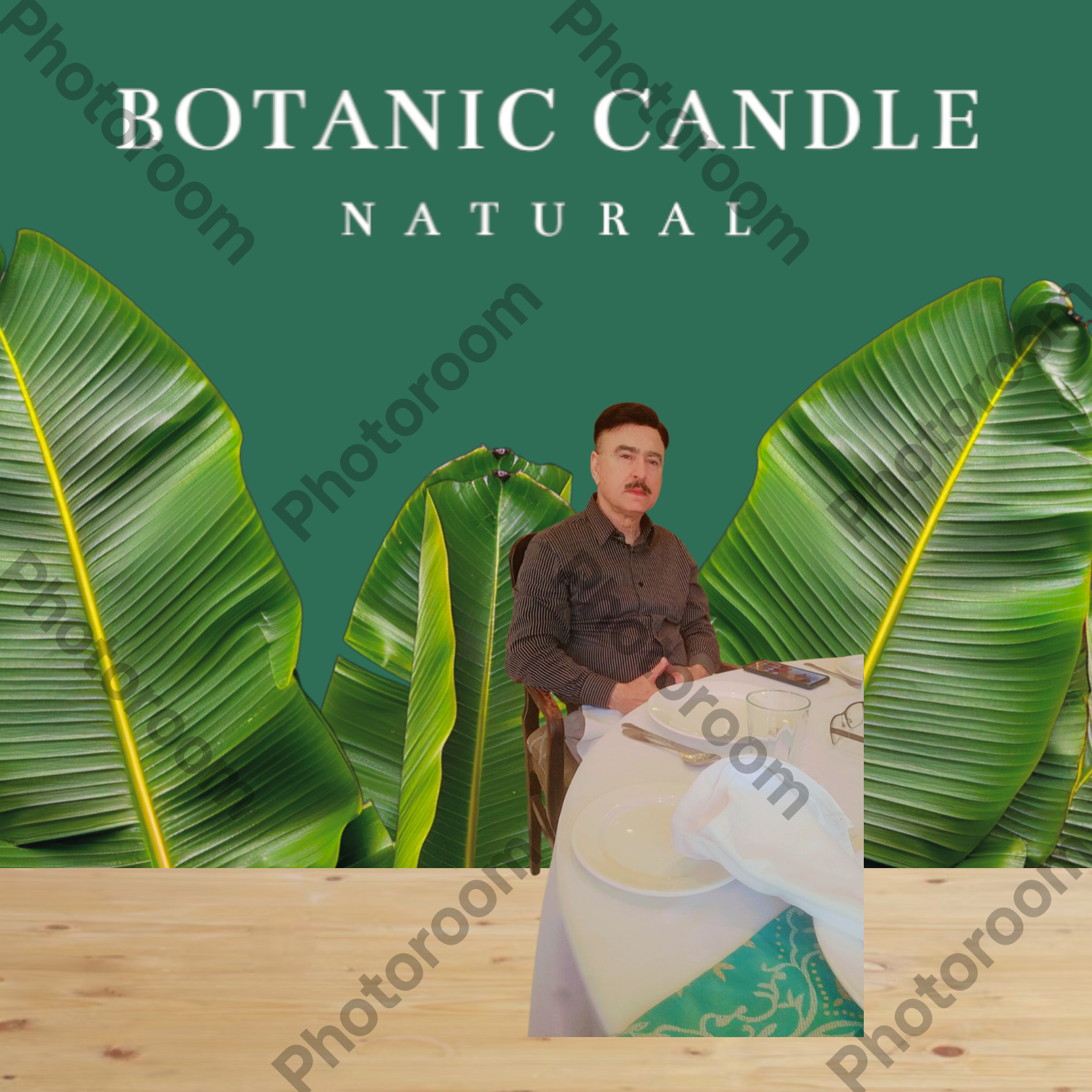 Man sitting at a table with a cup, surrounded by large green leaves with 'Botanic Candle Natural' text.