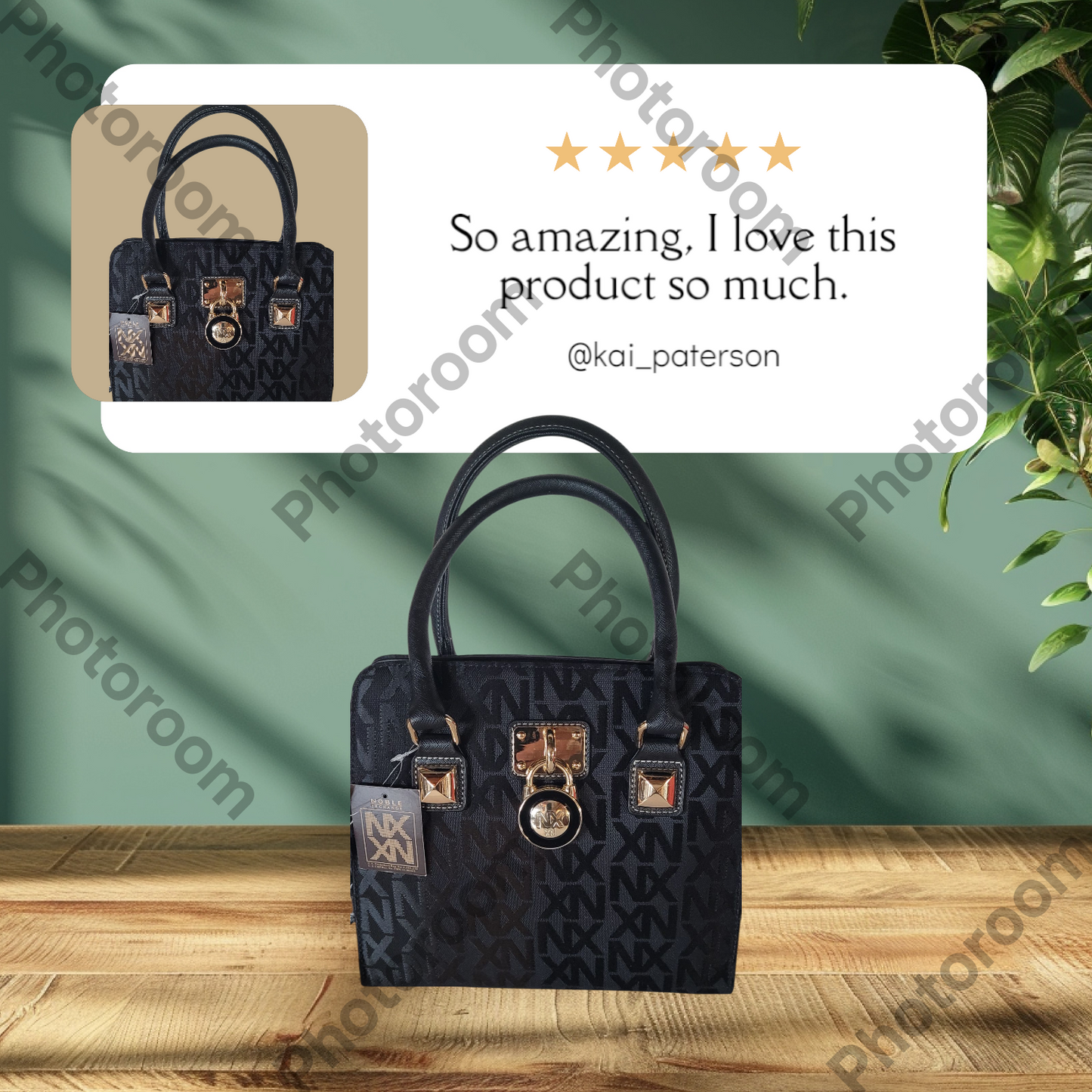 Black handbag with gold accents on a wooden surface, with a five-star rating and review text overlay.