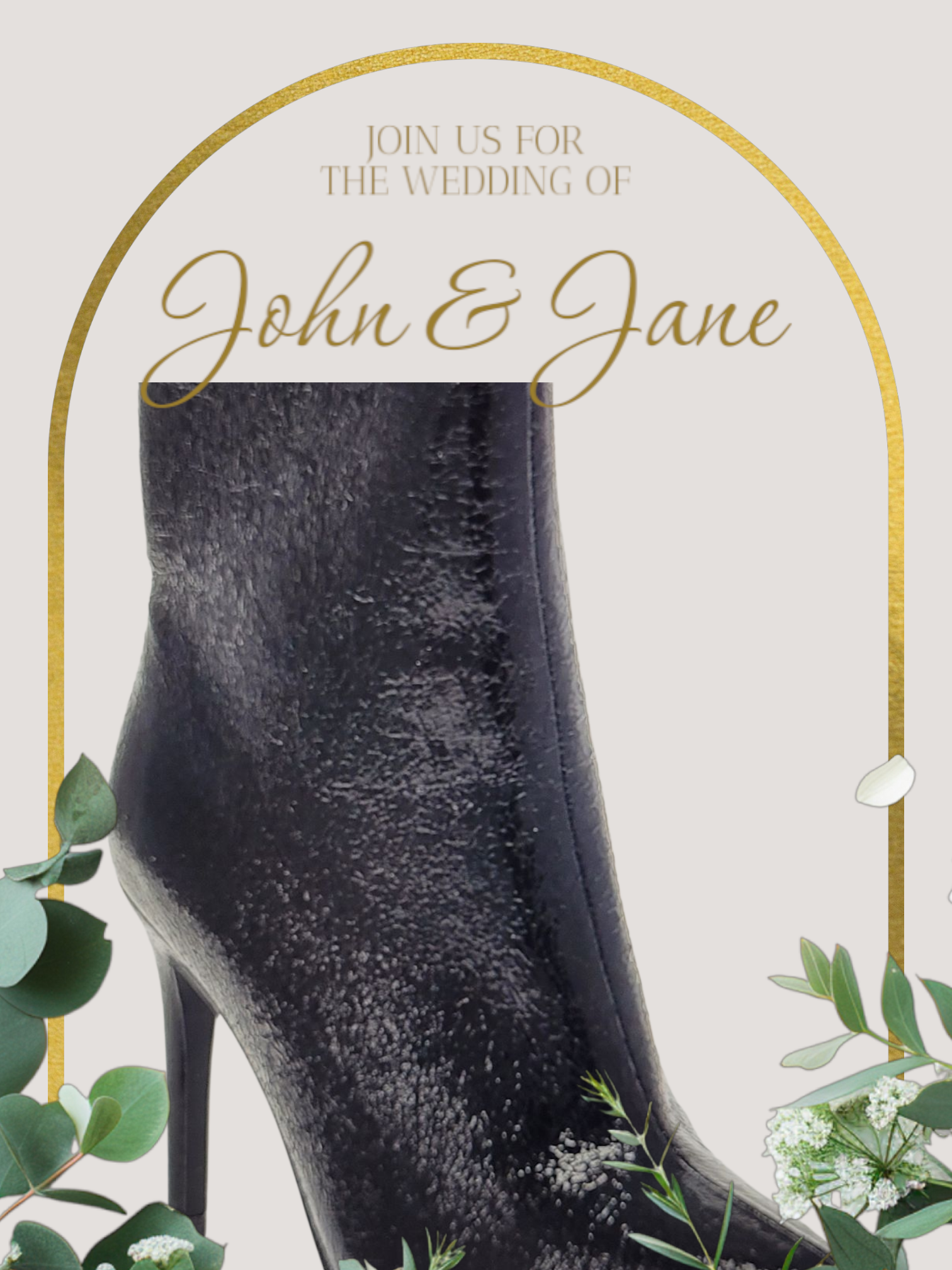 Black high-heeled shoe with gold arch and text 'Join us for the wedding of John & Jane' on a light background.