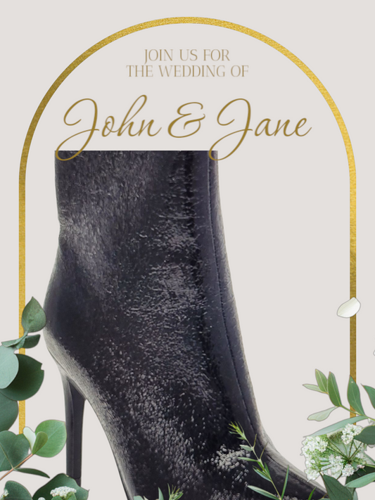 Black high-heeled shoe with gold arch and text 'Join us for the wedding of John & Jane' on a light background.