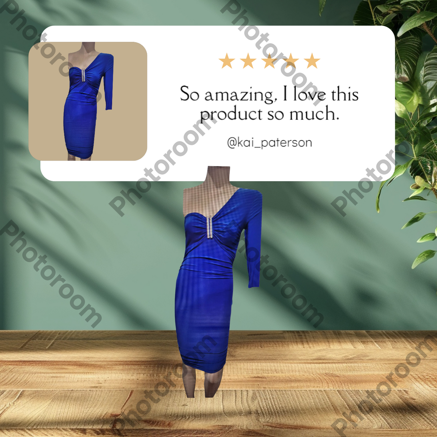 Blue dress on a mannequin with a five-star rating and review text overlay on a green background.