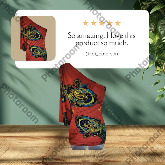 Red garment with intricate patterns on a wooden surface, with a five-star rating and review text overlay.