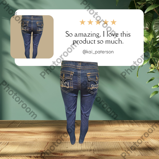 Blue jeans displayed on a stand with a five-star rating and review text against a green background.