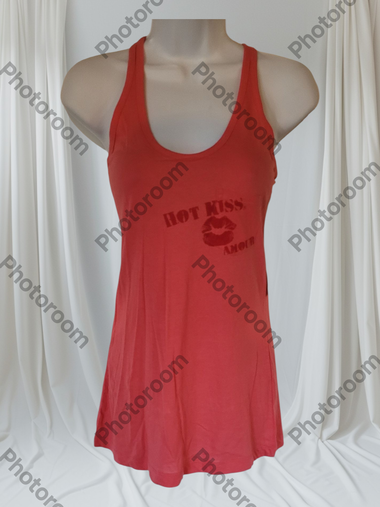 Red tank top with 'Hot Kiss' text on a white background