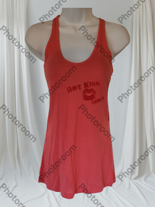 Red tank top with 'Hot Kiss' text on a white background