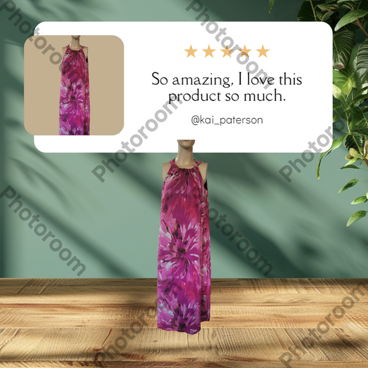 Purple tie-dye dress on a wooden surface with a green background and five-star rating text.