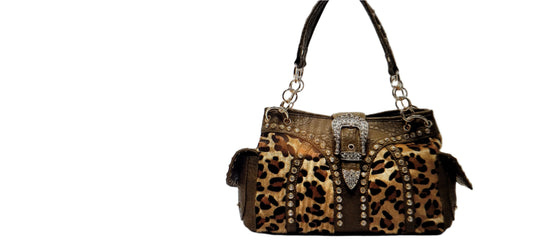 LE0PARD FAUX CALF HAIR RHINESTON SHOULDER BAG - WESTERN STYLE