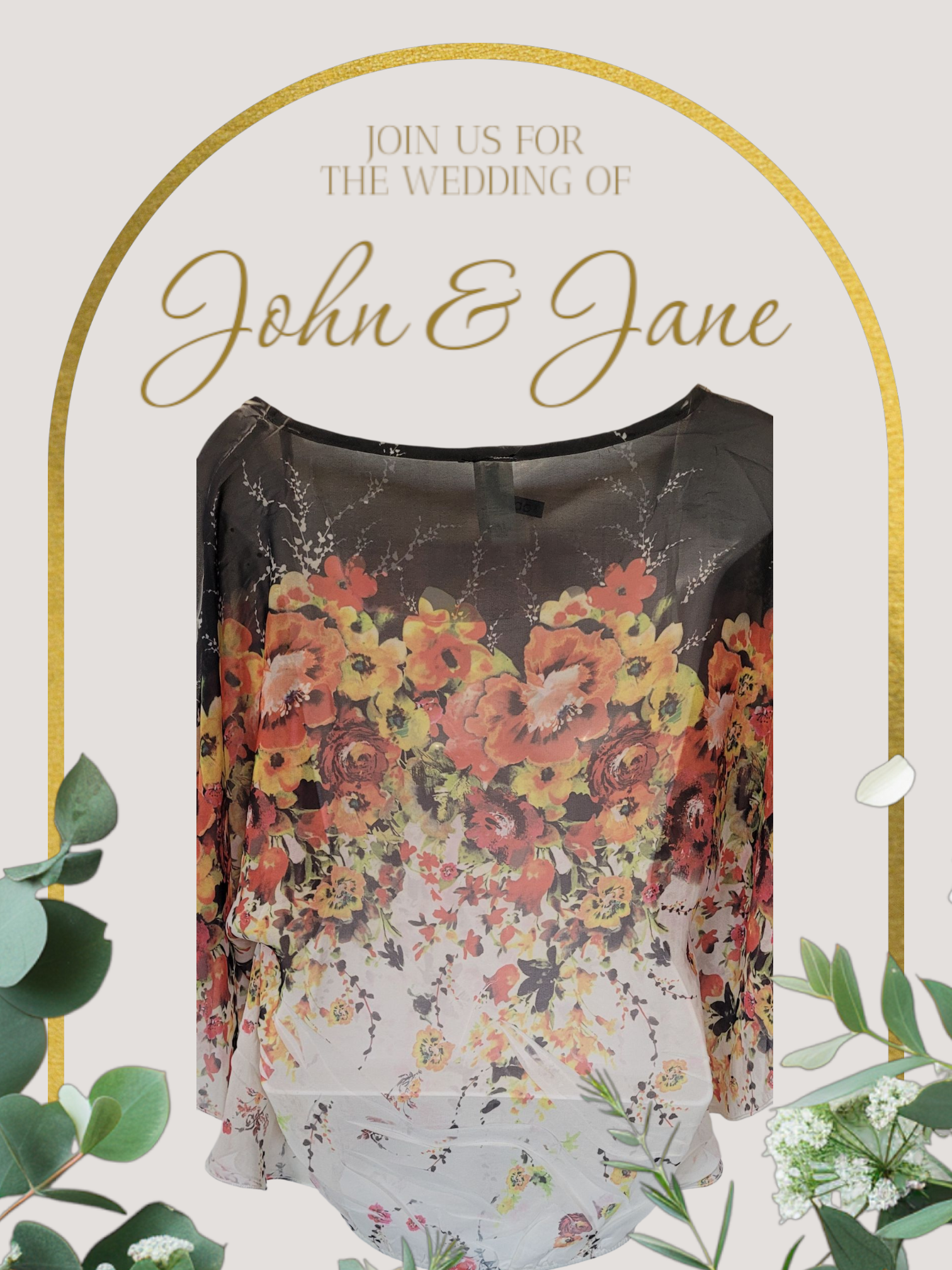 Floral dress with wedding invitation text 'Join us for the wedding of John & Jane' on a decorative background.