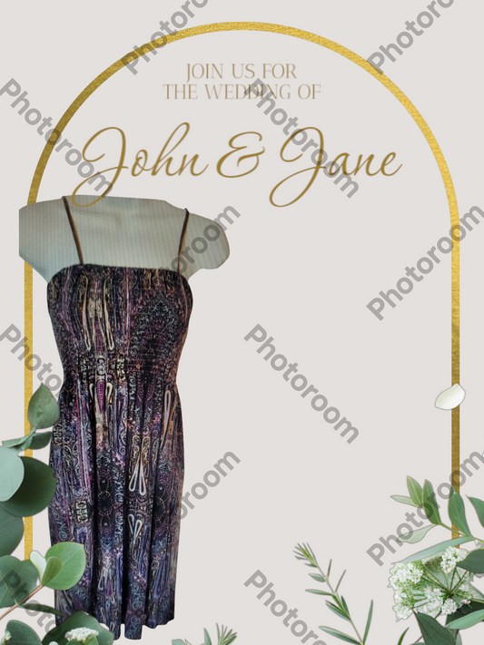 Promotional graphic for a wedding featuring a dress on a mannequin with decorative arch and greenery.