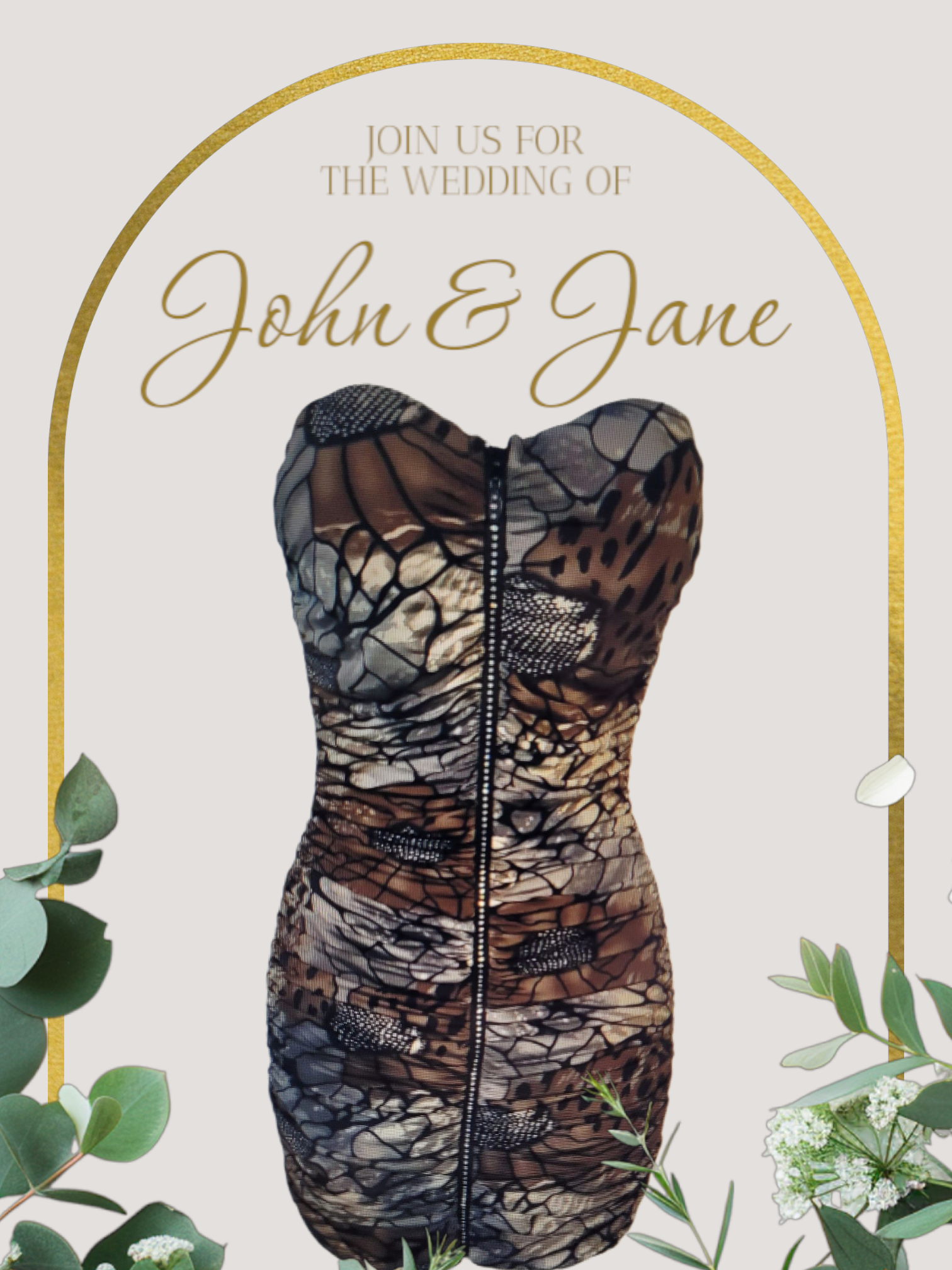 Wedding invitation card with dress design and decorative elements on a light background