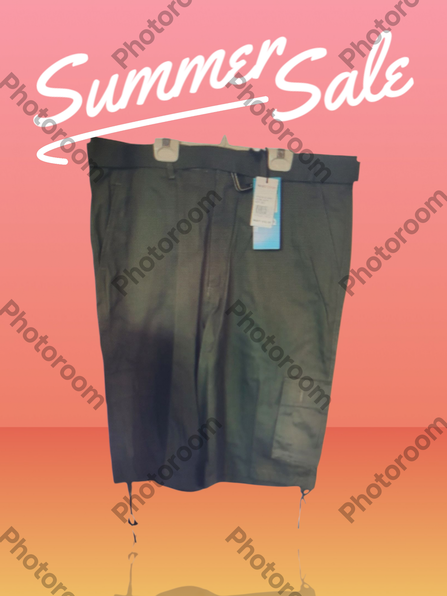 Black shorts with a tag on a gradient pink and orange background with 'Summer Sale' text.