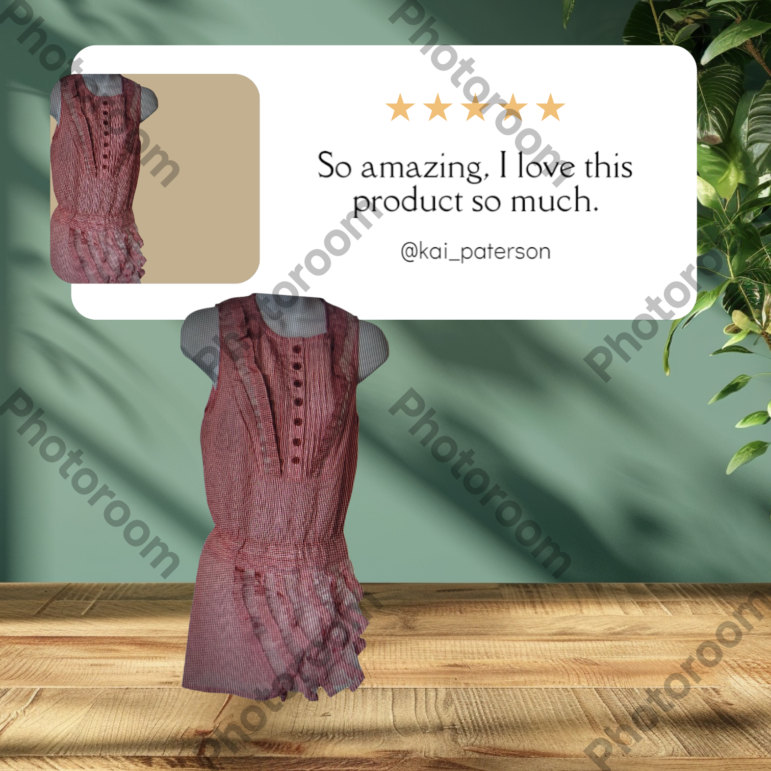 Red dress on a mannequin with a five-star rating and review text overlay on a green background.