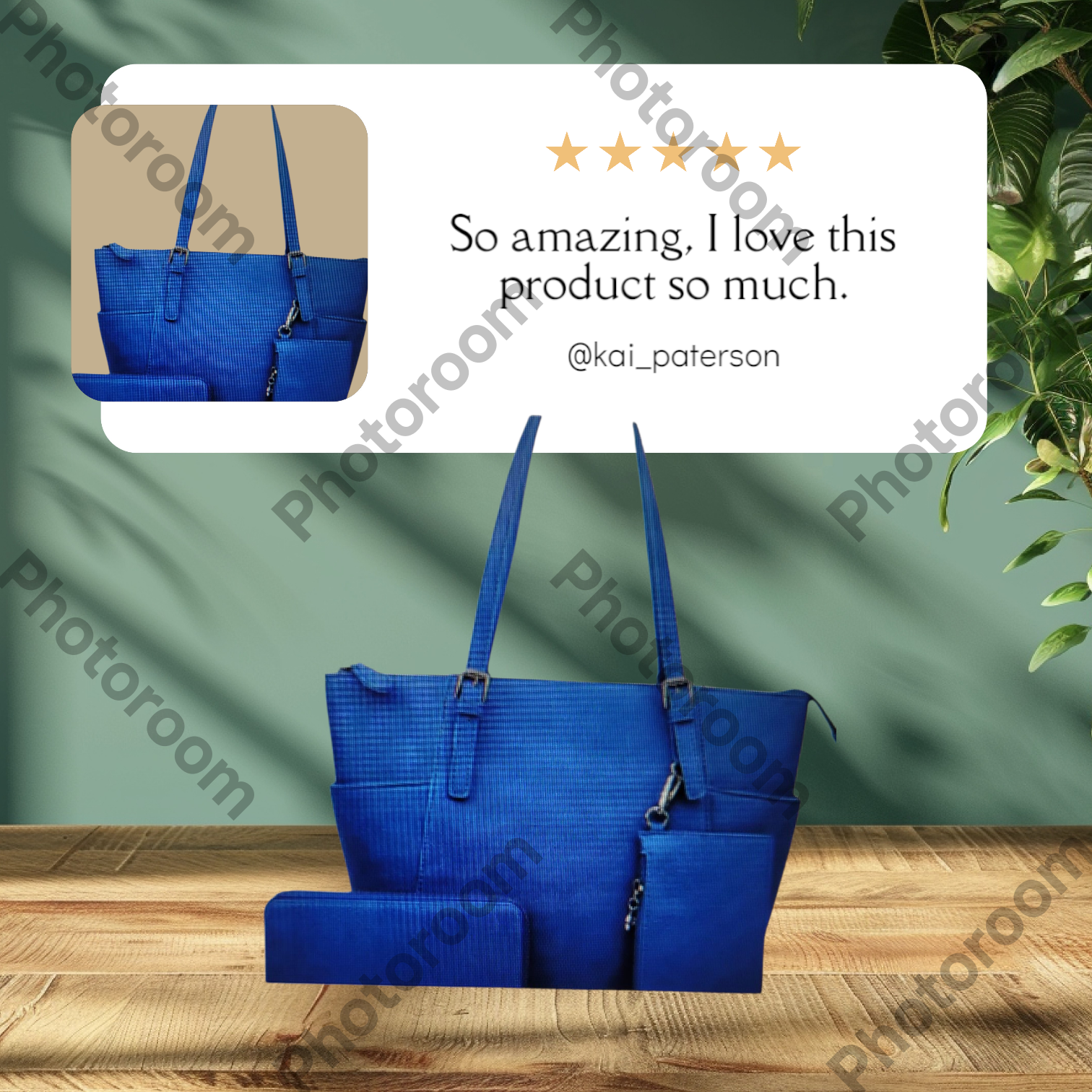 Blue handbag with a five-star rating and review on a green background