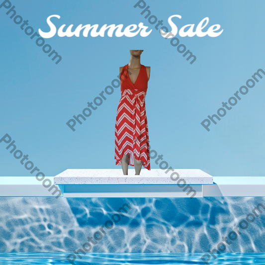 Woman in a red dress standing on a diving board over a pool with 'Summer Sale' text overlay.