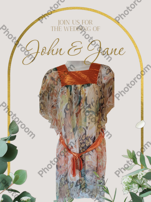 Wedding invitation card with a floral dress and decorative arch on a white background