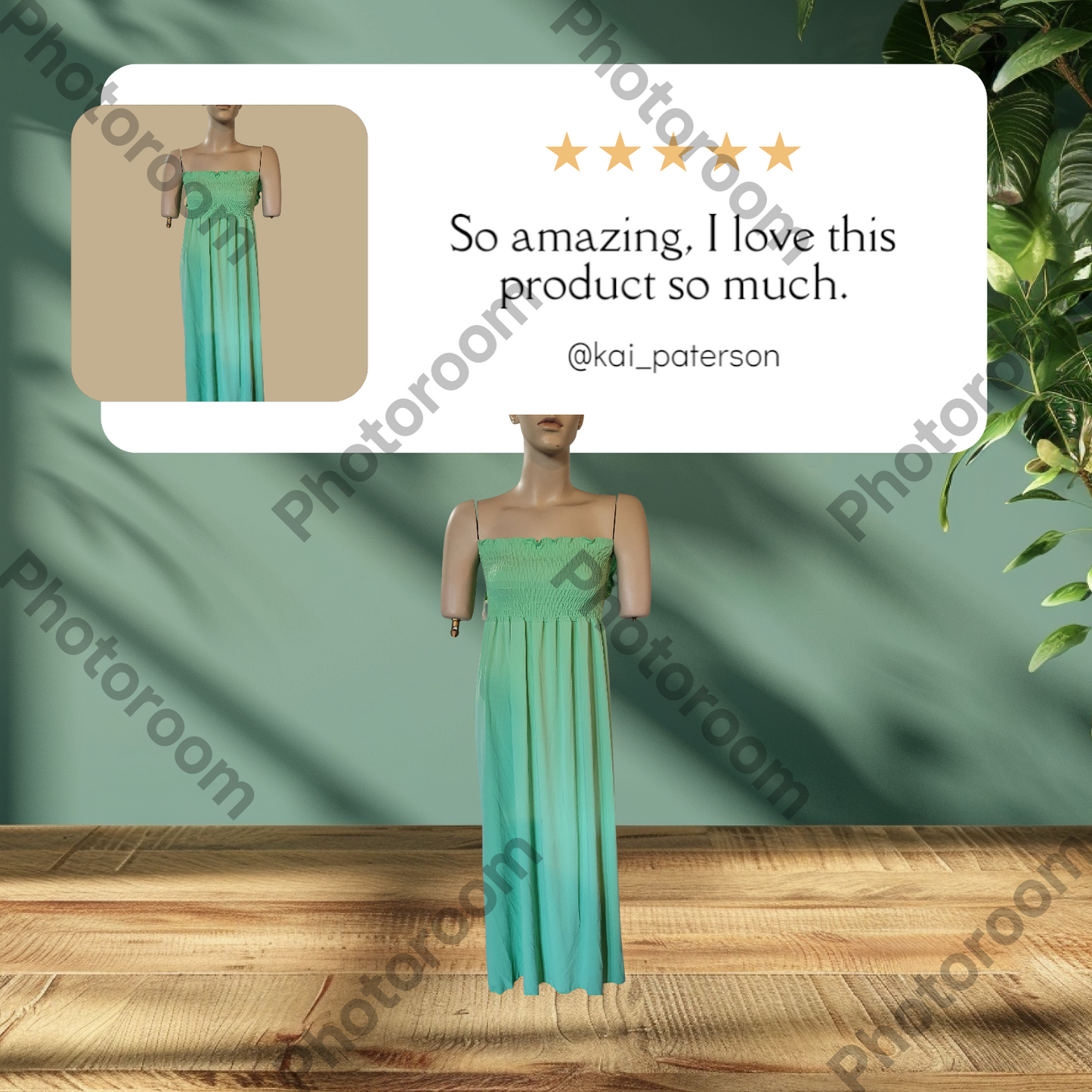 Green dress on a mannequin with a five-star rating and review text overlay, set against a green background.
