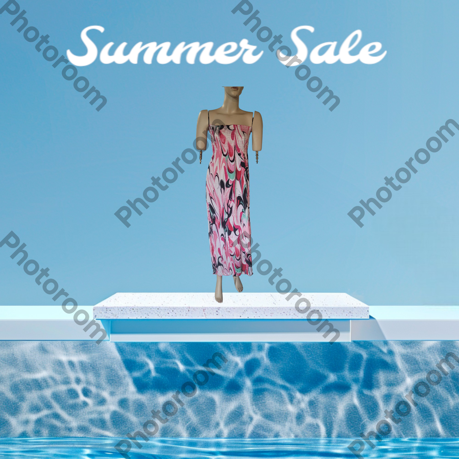 Mannequin in a pink dress standing on a diving board over a pool with 'Summer Sale' text.