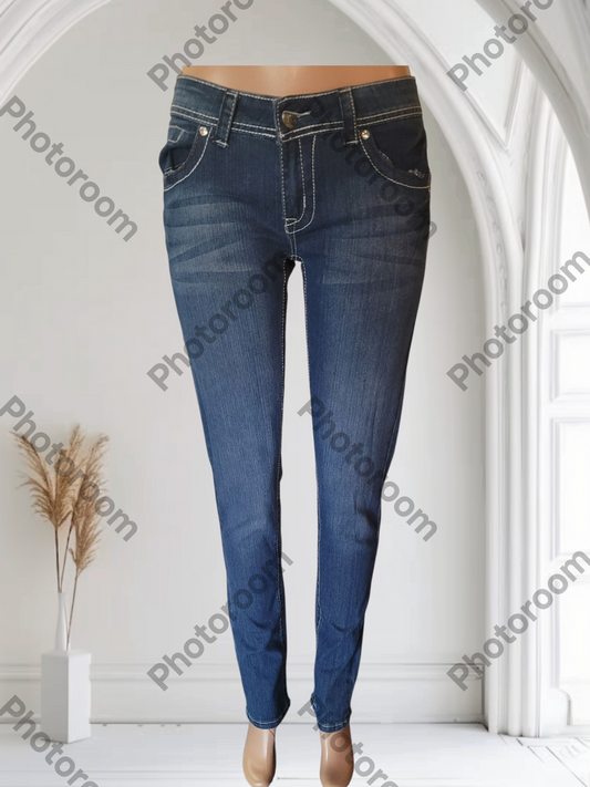 Blue jeans displayed against a white background with 'Photoroom' branding.