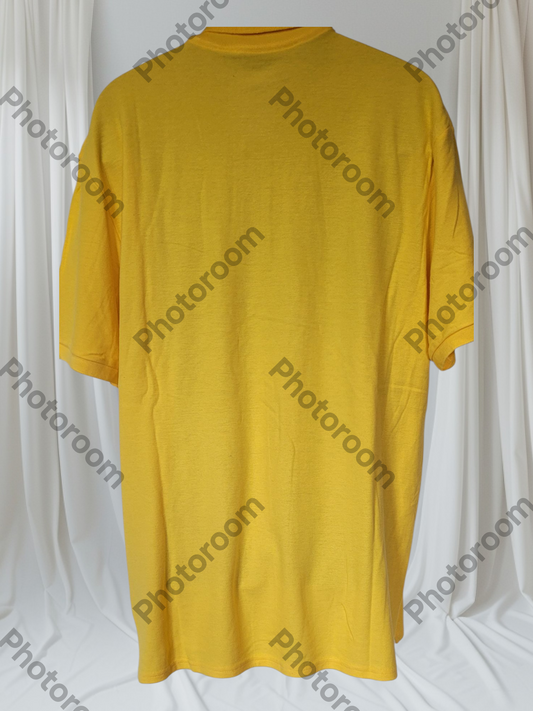 Yellow t-shirt on a white background with 'Photoroom' watermark.
