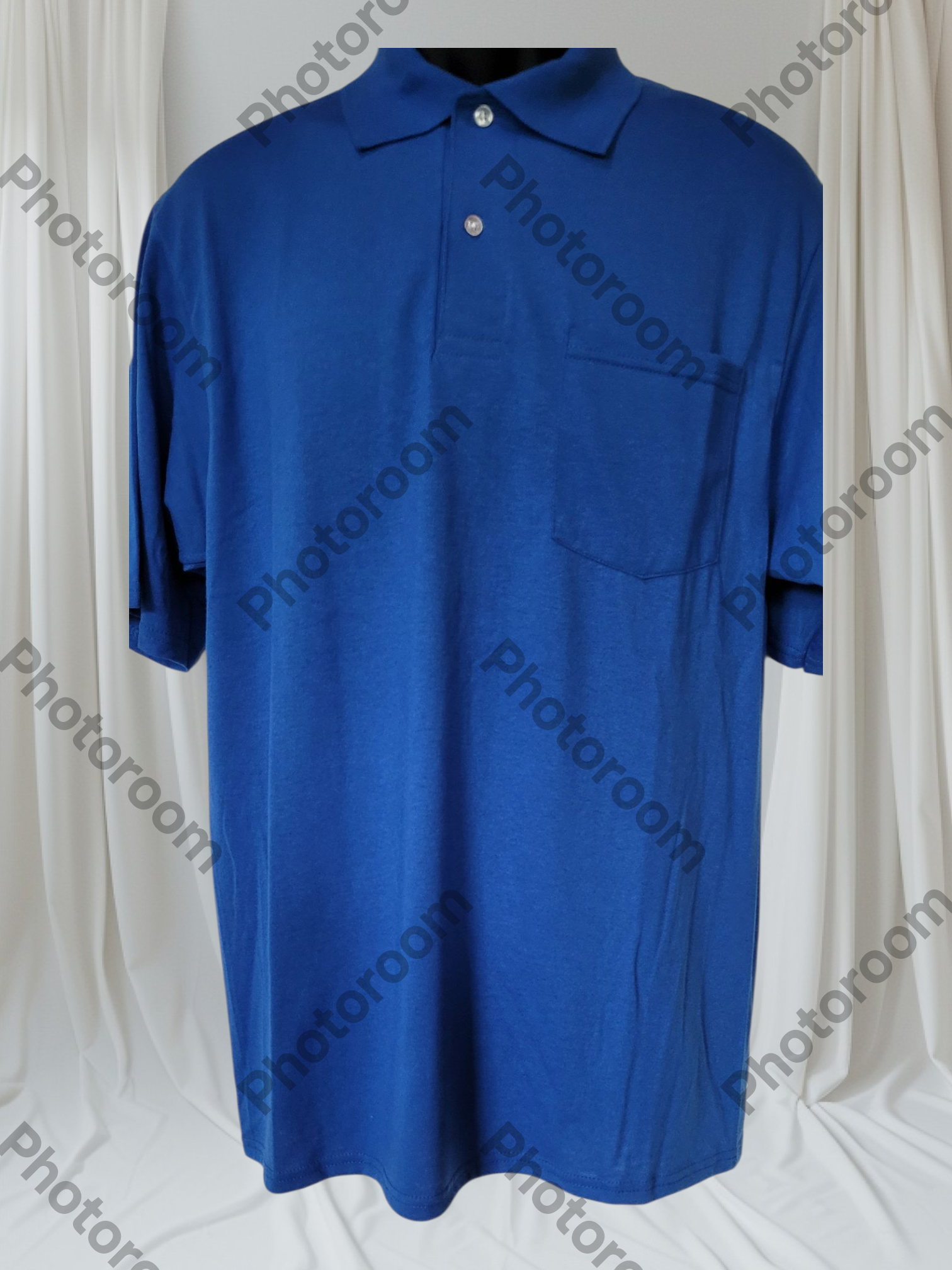 Blue polo shirt on a white background with 'Photoroom' watermark.