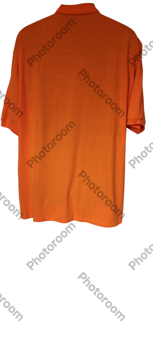 Orange polo shirt on a white background with 'Photoroom' watermark.