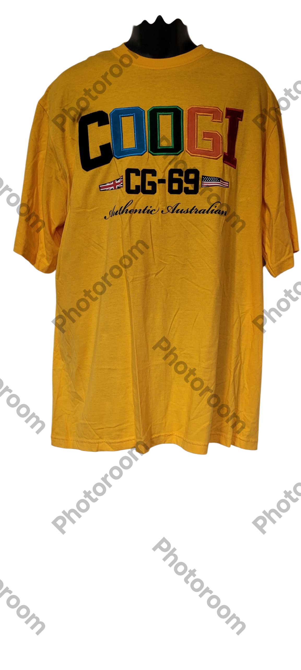 Yellow t-shirt with colorful text and graphics on a white background